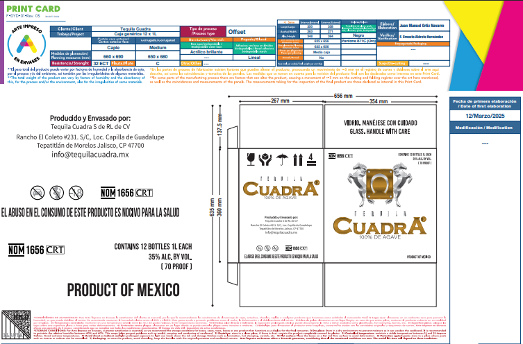 TEQUILA CUADRA 12 X 1 LITRO CLASICO CON DIVISOR