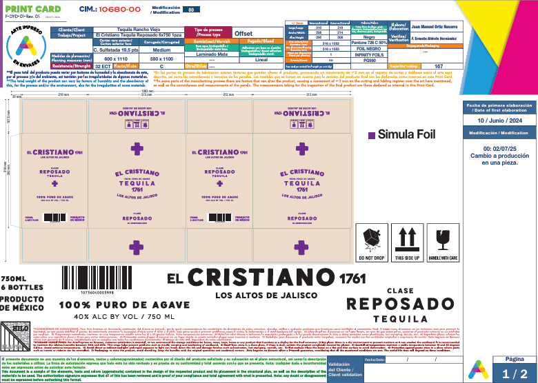 TEQUILA CRISTIANO REPOSADO 6X750 ml