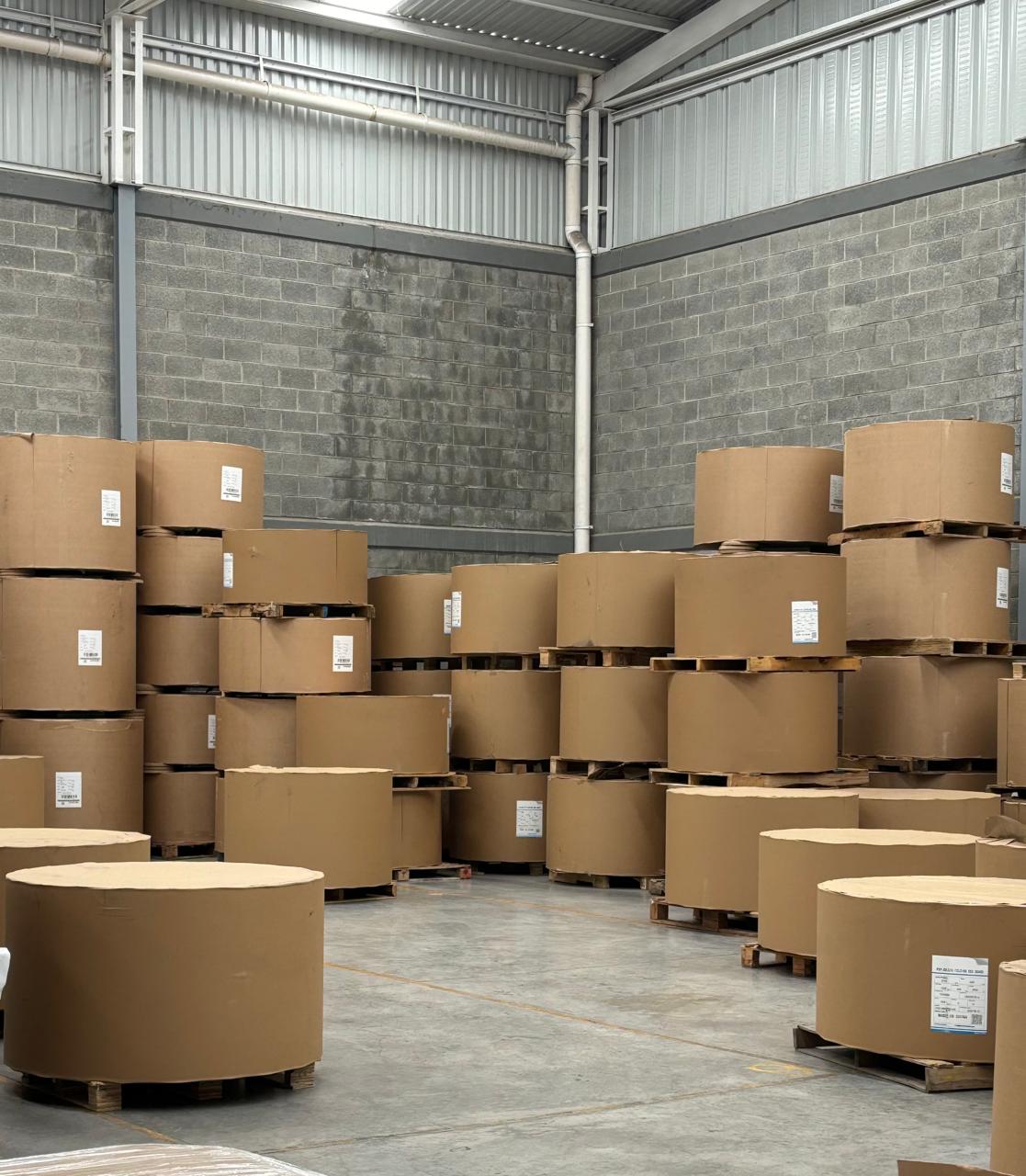Paperboard rolls stocked in the AIE Packaging warehouse in León, Mexico